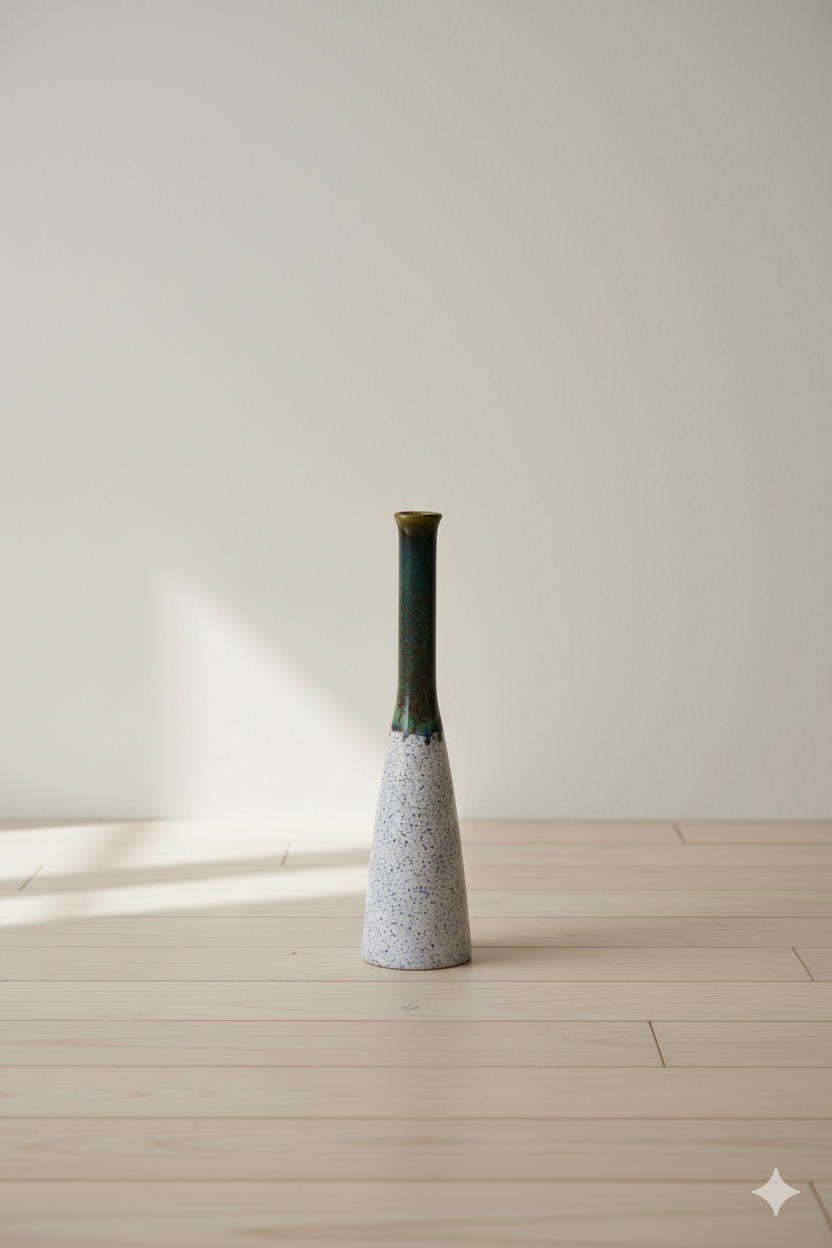 Cylindrical vase with a textured base and green top on a wooden floor.