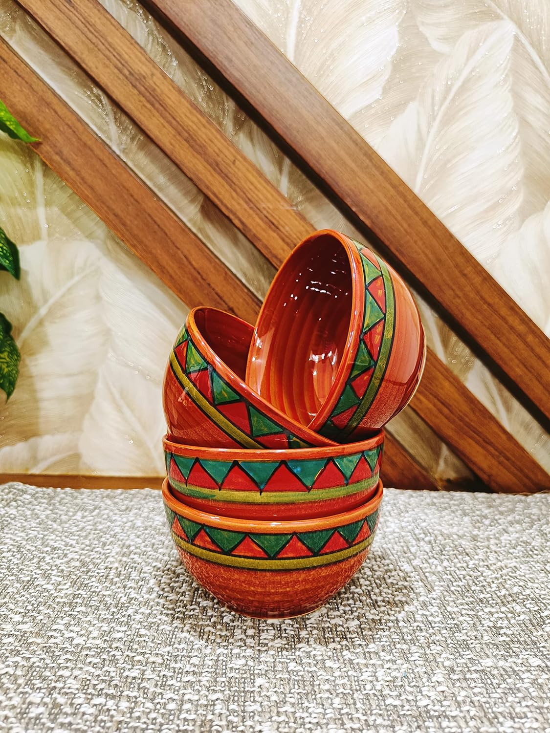 Caffeine Ceramic Stoneware Handmade Red & Green Tribal Combo Dinner Set of 8 - Caffeine Premium Stoneware