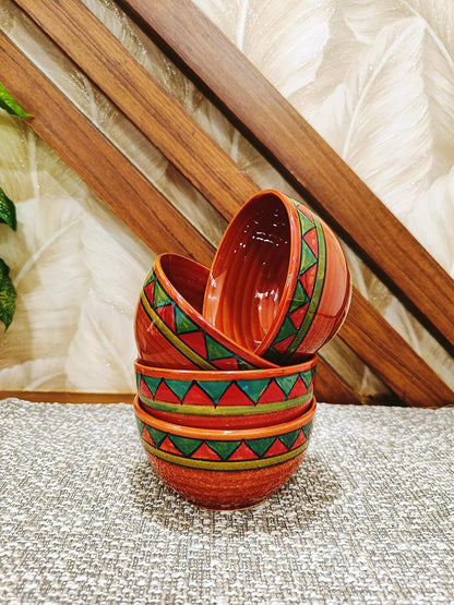 Caffeine Ceramic Stoneware Handmade Red & Green Tribal Combo Dinner Set of 8 - Caffeine Premium Stoneware