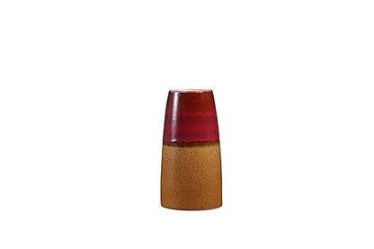A conical ceramic vase with mustard yellow and red stripes, with a textured exterior.