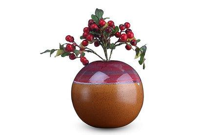 Handmade ceramic mustard and red matki flower vase perfect for modern living room, dining table, or office desk decoration.