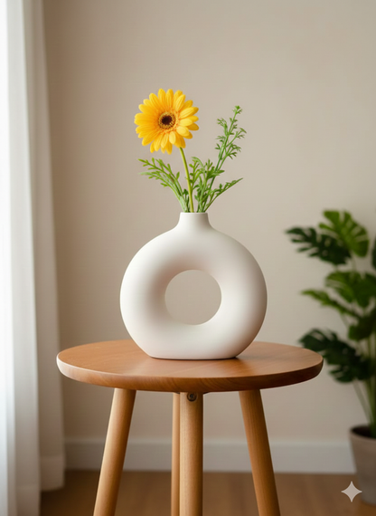 White vase with a sunflower on a wooden stool against a beige wall