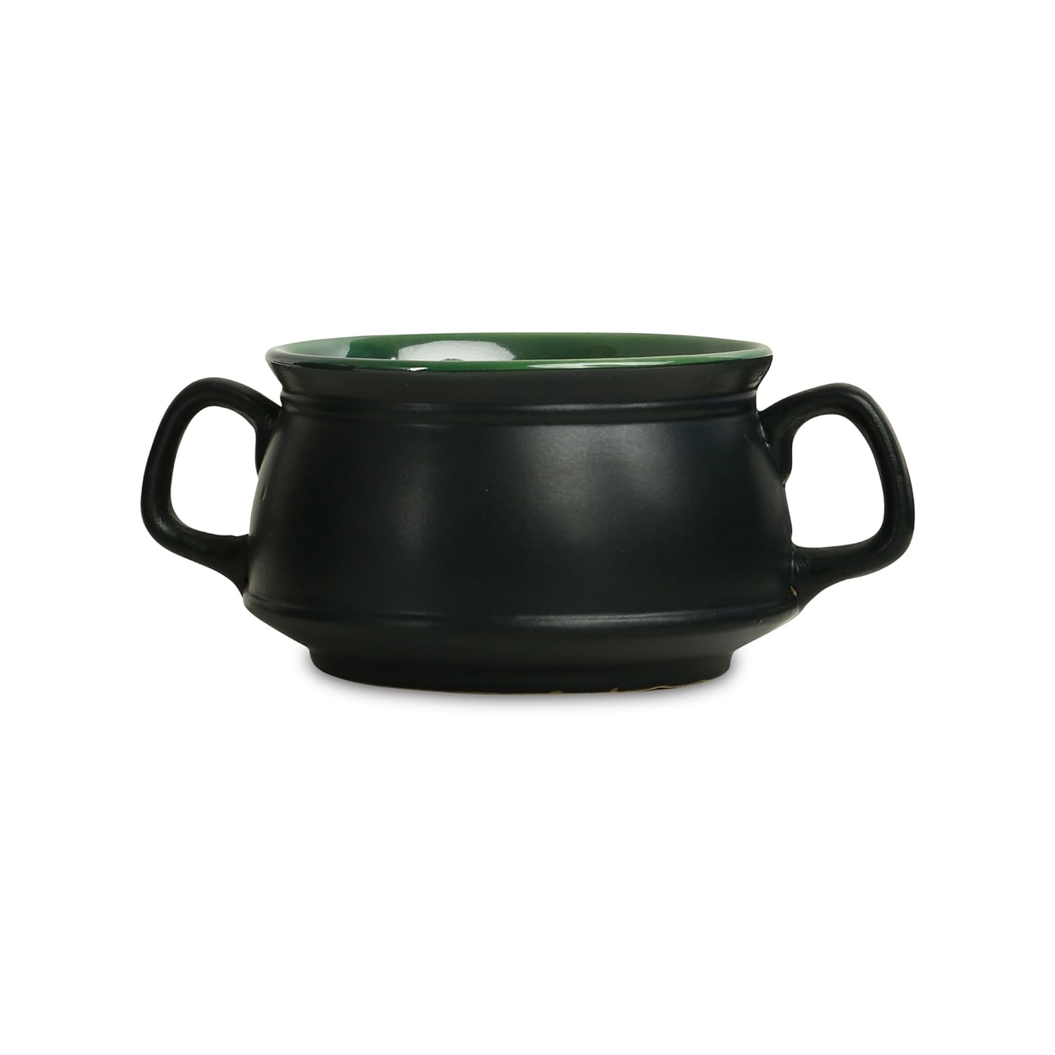 Caffeine Ceramic Handmade Black & Green Double Handle Soup Bowl with Spoon Set 4 - Caffeine Premium Stoneware