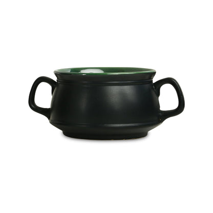 Caffeine Ceramic Handmade Black & Green Double Handle Soup Bowl with Spoon Set 4 - Caffeine Premium Stoneware