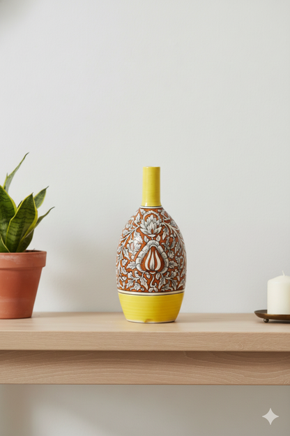 Decorative ceramic vase with yellow base and patterned body on a wooden shelf.