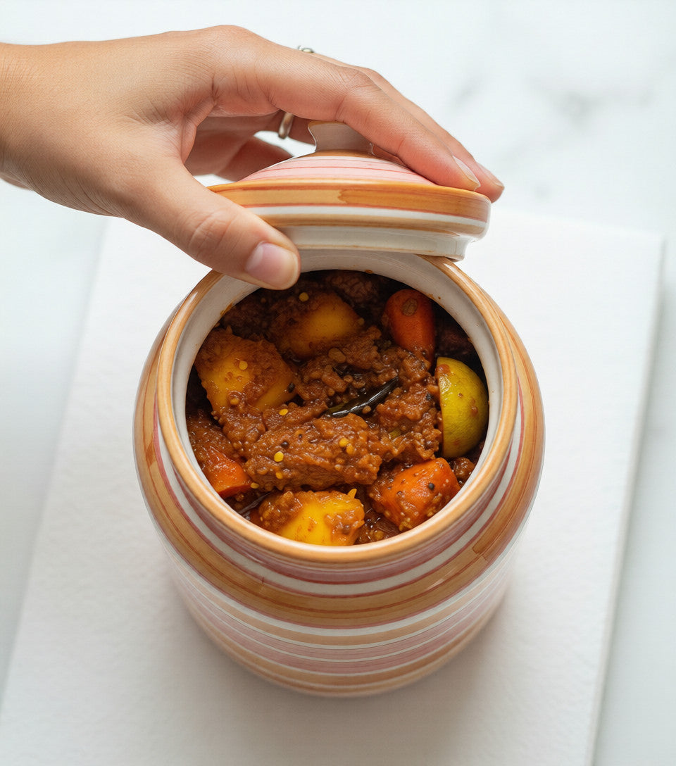 Hand opening a ceramic jar filled with a colorful dish on a white background
