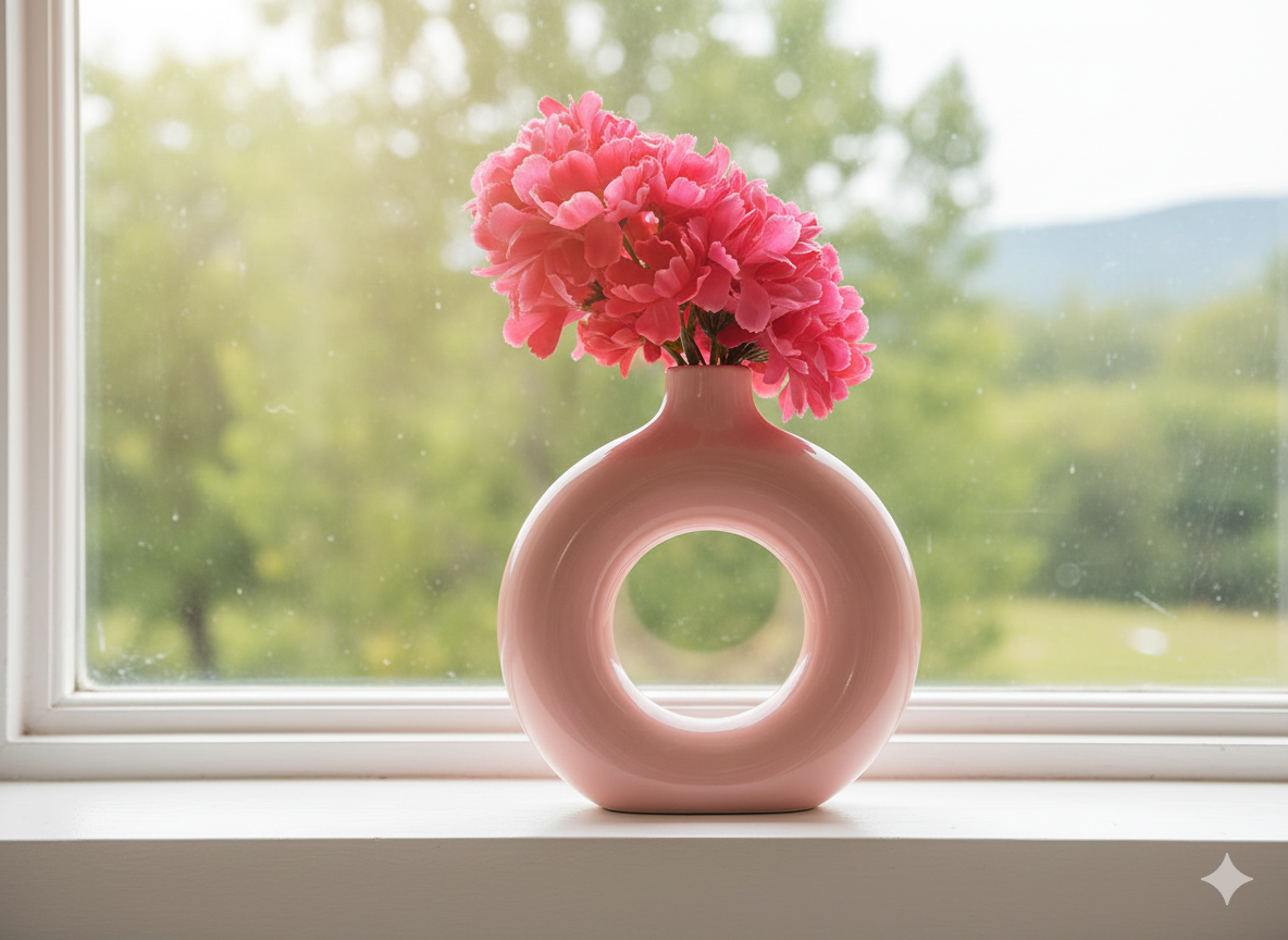Pink vase with pink flowers on a windowsill with a blurred green outdoor background