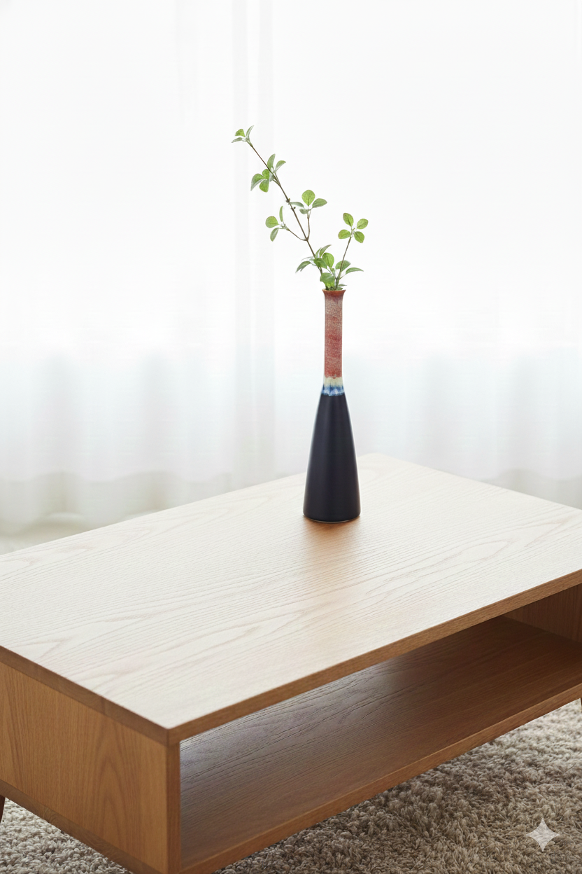 Vase with a plant on a wooden coffee table against a white wall
