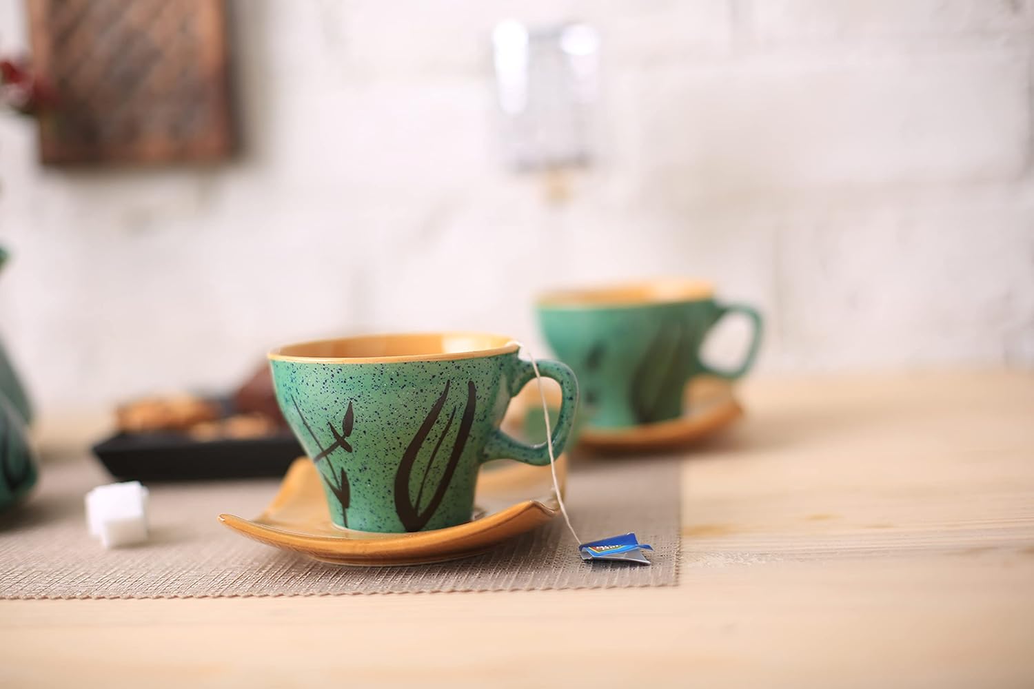 Caffeine Ceramic Handmade Stoneware Golden Turquoise Tea Set (Set of 15 pcs) - Caffeine Premium Stoneware