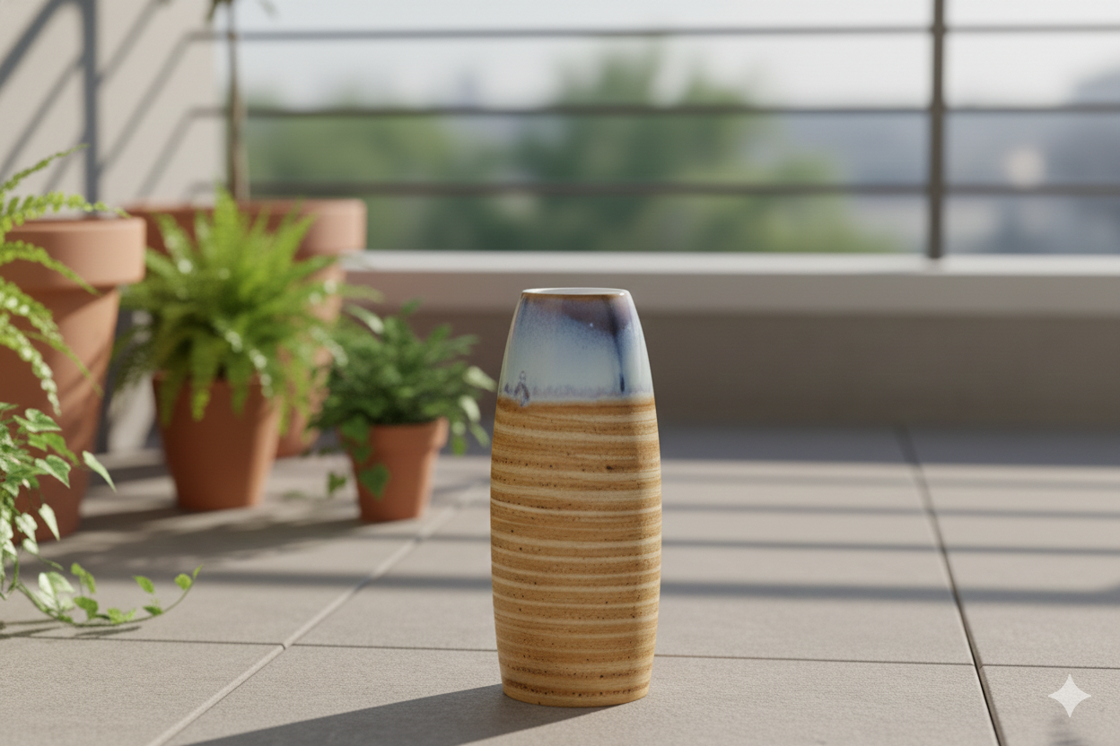 Decorative vase on a patio with plants and a railing in the background
