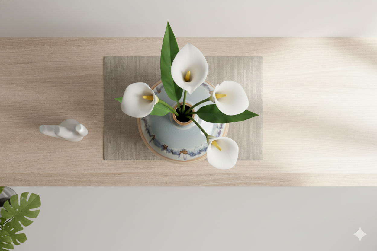 Vase with white flowers on a wooden surface