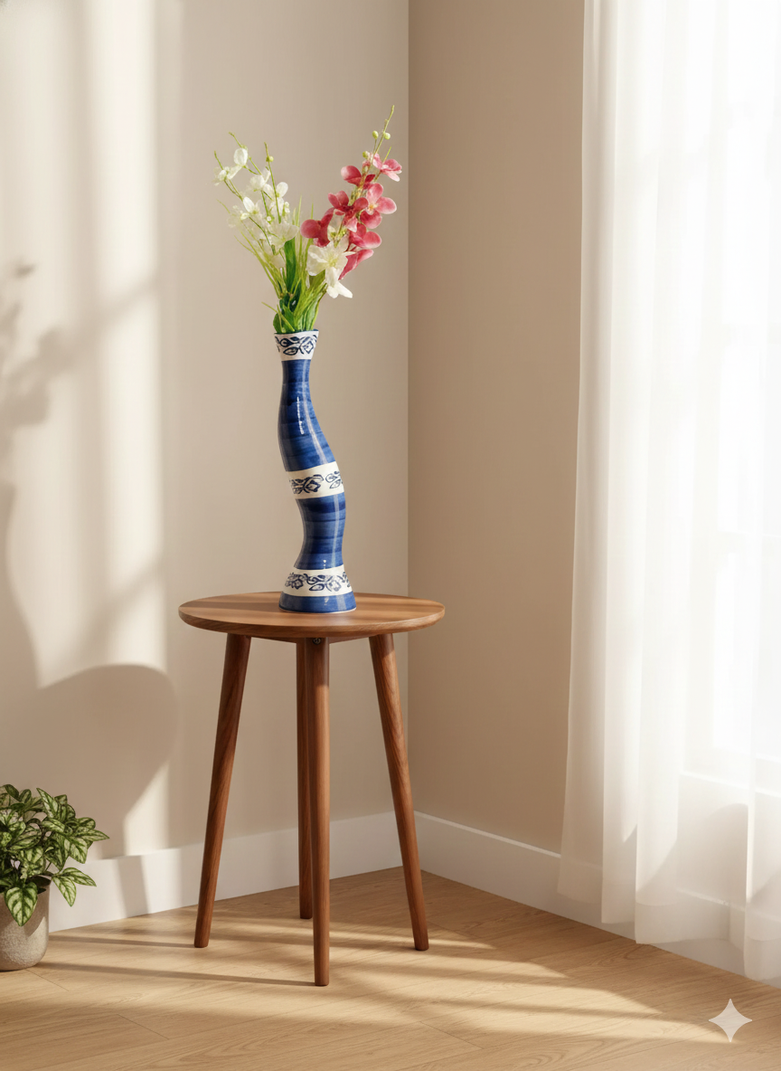 Decorative vase with flowers on a wooden side table in a sunlit room.