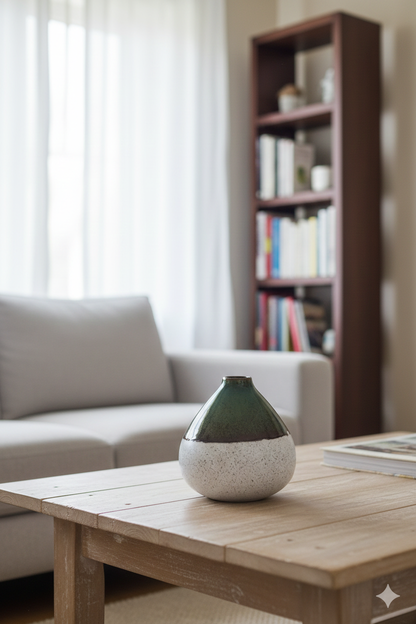 Vase on a wooden coffee table with a blurred background of a living room.