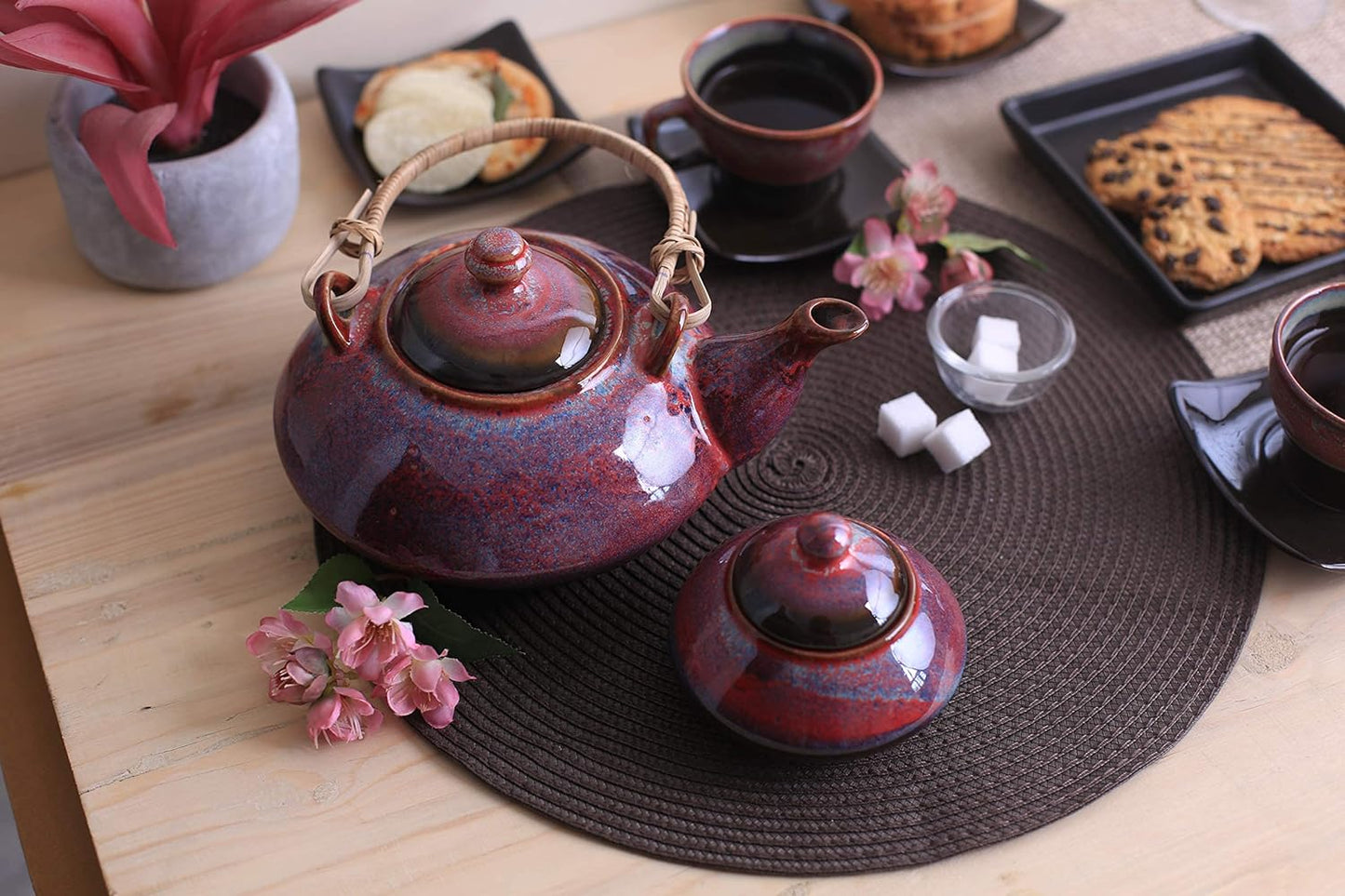 Caffeine Ceramic Handmade Stoneware Plum Ferrous Printed Tea Set of 15 - Caffeine Premium Stoneware