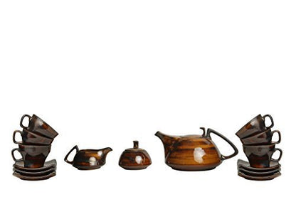 Caffeine Ceramic Handmade Brown Timberland Printed Tea Sets (Set of 15 pcs) - Caffeine Premium Stoneware