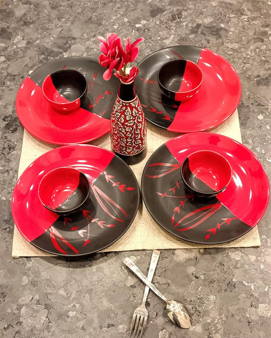 Caffeine Ceramic Stoneware Handmade Red & Black Combo Dinner Set of 8 - Caffeine Premium Stoneware