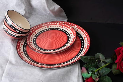 Caffeine Ceramic Handmade Red & Black Dotted Combo Dinner Set of 3 Pcs - Caffeine Premium Stoneware