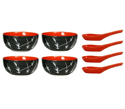 Caffeine Ceramic Handmade Red and Black Bamboo Glossy Soup Bowls with Spoon set of 4 - Caffeine Premium Stoneware