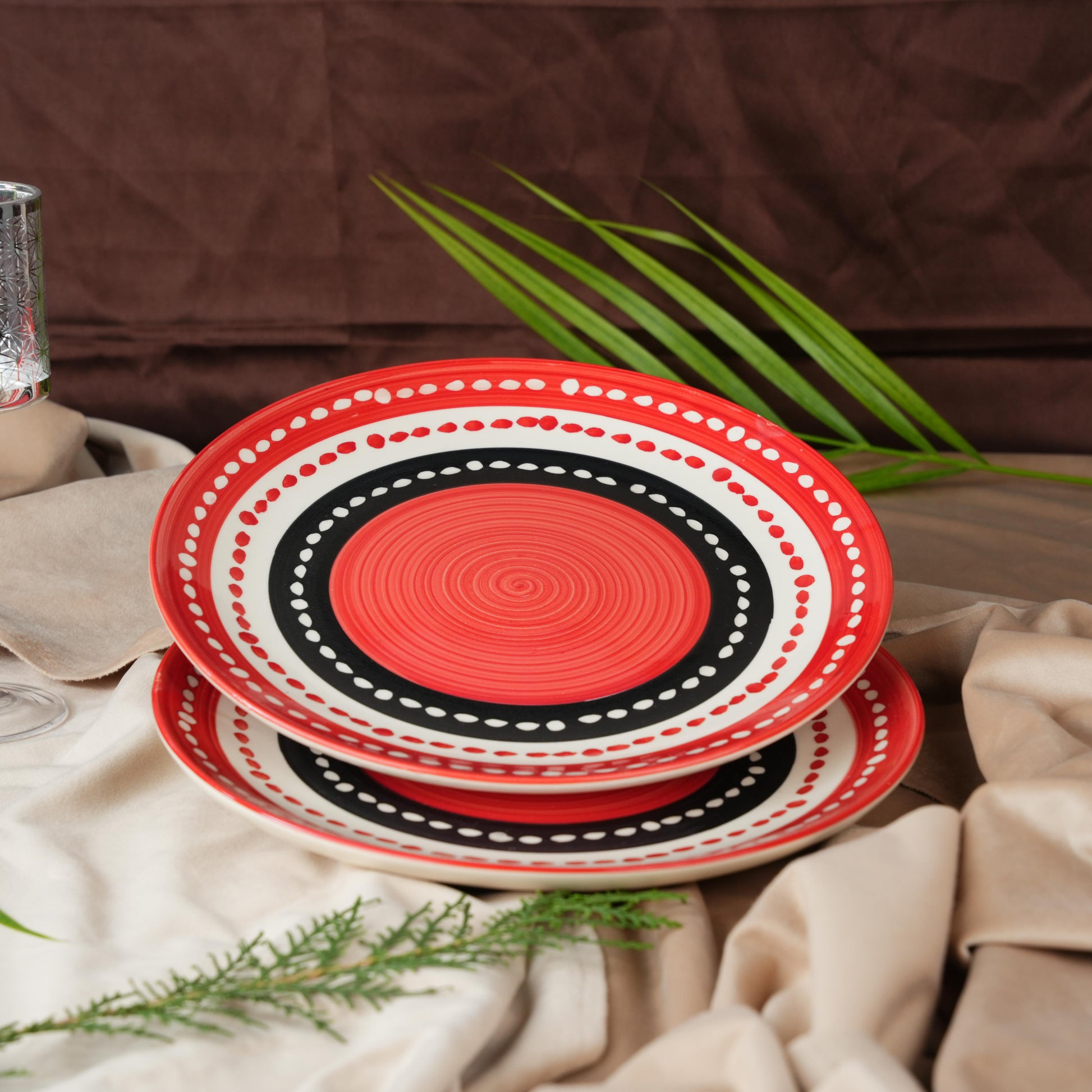 Caffeine Ceramic Handmade Red & Black Dotted Dinner Plate set of 4 - Caffeine Premium Stoneware