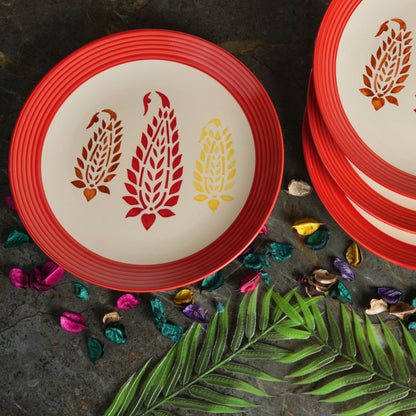 Caffeine Ceramic Handmade Stoneware Red Boota Dinner Plate set of 4 - Caffeine Premium Stoneware