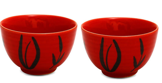 Caffeine Ceramic Handmade Red Bamboo Dessert Bowl (Set of 2, 150 ml) - Caffeine Premium Stoneware