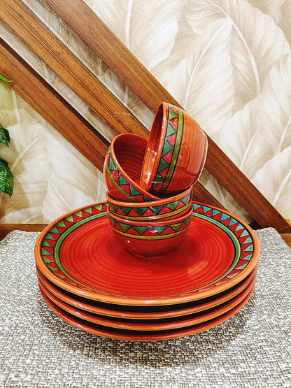 Caffeine Ceramic Stoneware Handmade Red & Green Tribal Combo Dinner Set of 8 - Caffeine Premium Stoneware