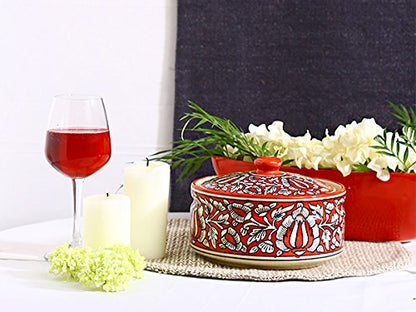 Caffeine Ceramic Handmade Red Mughal Serving Donga Casserole With Lid (set of 1 Large )