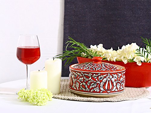 Caffeine Ceramic Handmade Red Mughal Serving Donga Casserole With Lid (set of 1 Large )