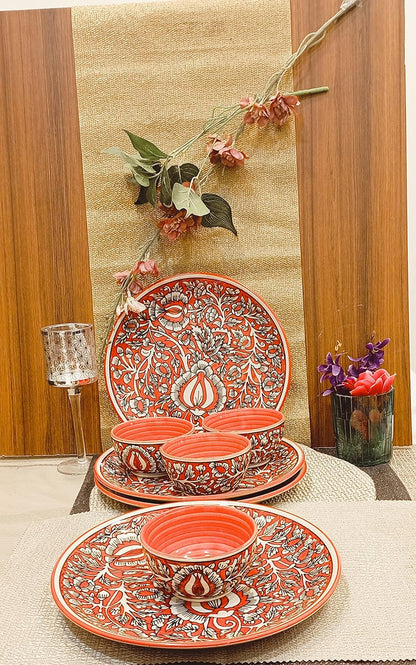 Caffeine Ceramic Stoneware Handmade Red Mughal Combo Dinner Set of 8 - Caffeine Premium Stoneware
