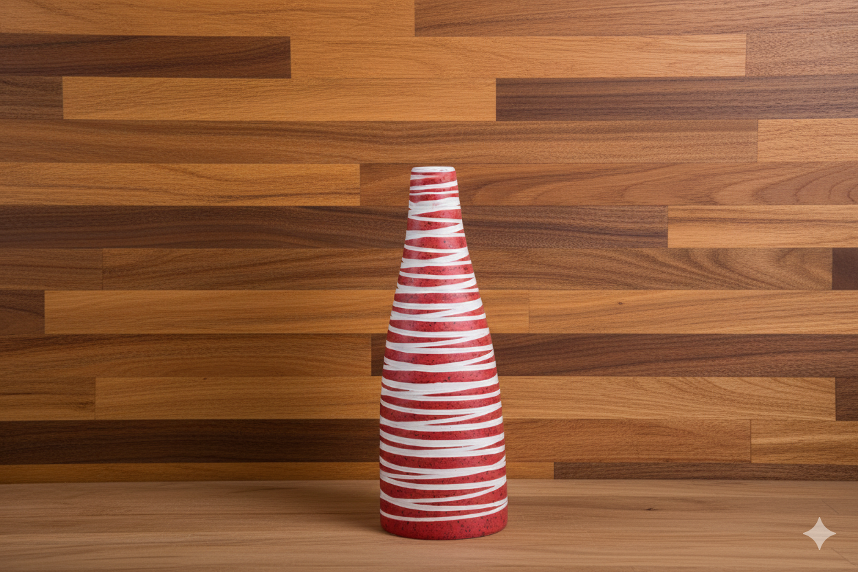 Red and white striped vase on a wooden surface with a wooden paneled background