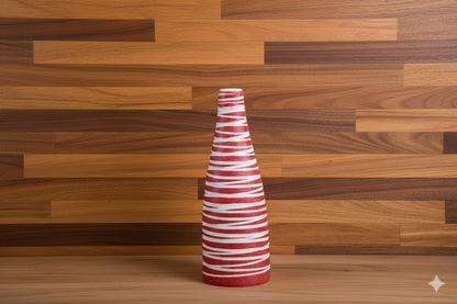 Red and white striped vase on a wooden surface with a wooden paneled background