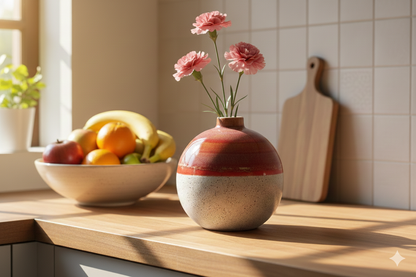 Decorative vase with flowers on a kitchen counter next to a bowl of fruit.