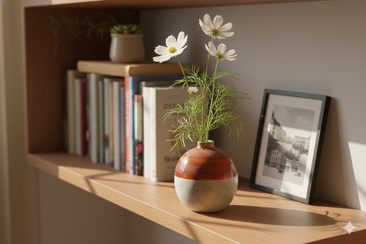 Vase with flowers on a wooden shelf with books and a photo frame.