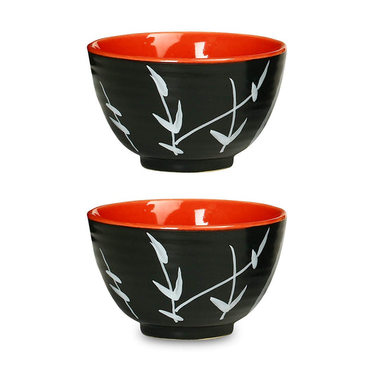 Caffeine Premium Ceramic Handmade Black & Red Bamboo Dessert Bowl (Set of 2, 150 ml) - Caffeine Premium Stoneware