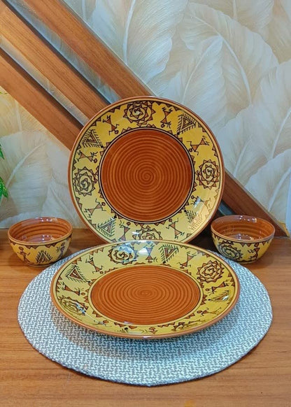 Caffeine Ceramic Handmade Mustard Brown Romani Dinner (Set of 4)