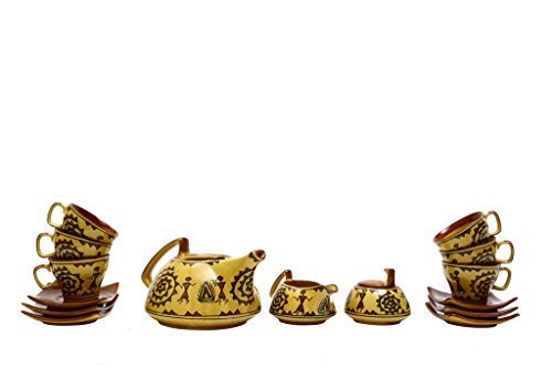 Caffeine Ceramic Handmade Mustard Romani Printed Tea Sets (Set of 15 pcs) - Caffeine Premium Stoneware