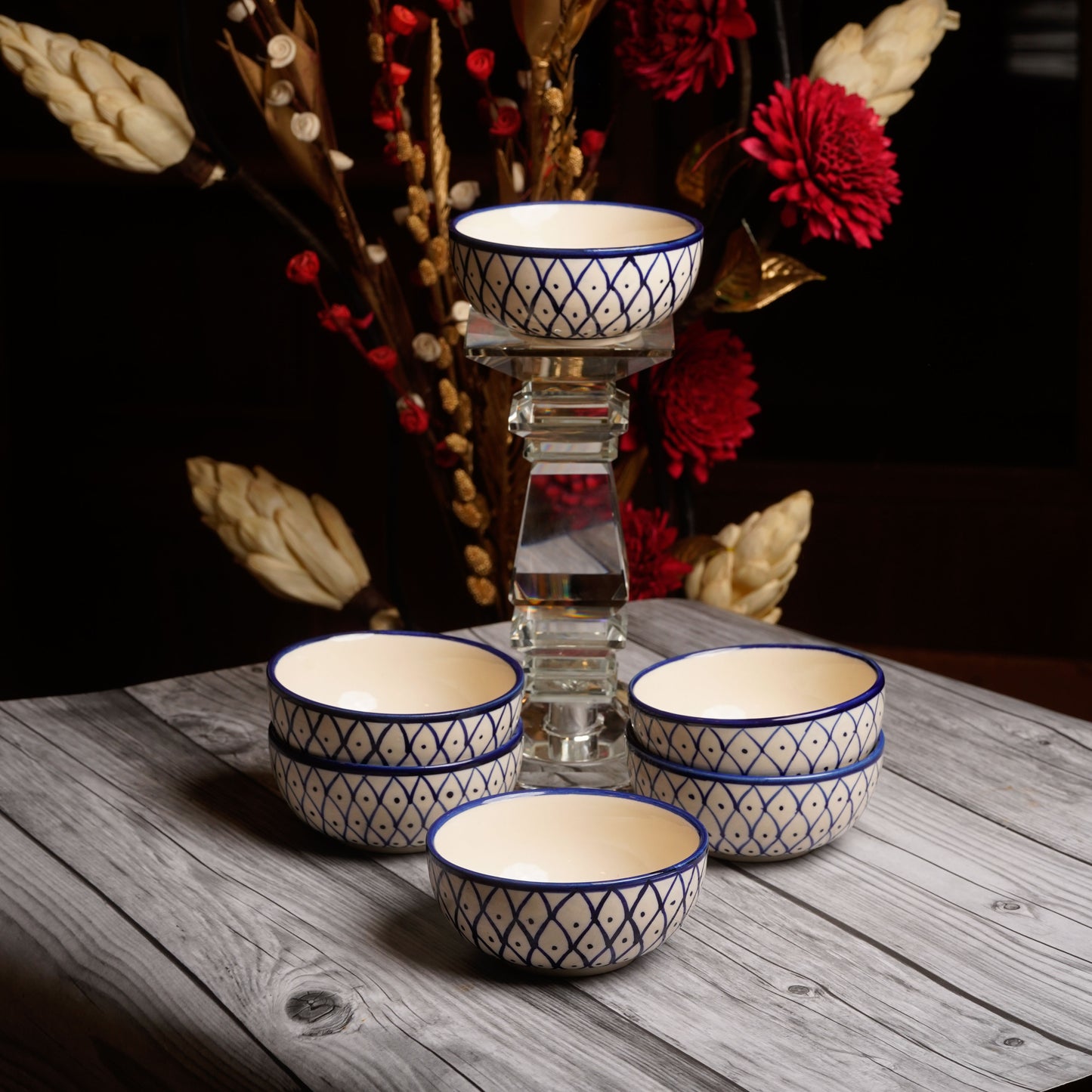 Caffeine Ceramic Handmade Royal Blue Chevron Katori Bowls (200 ml, Set of 6) - Caffeine Premium Stoneware
