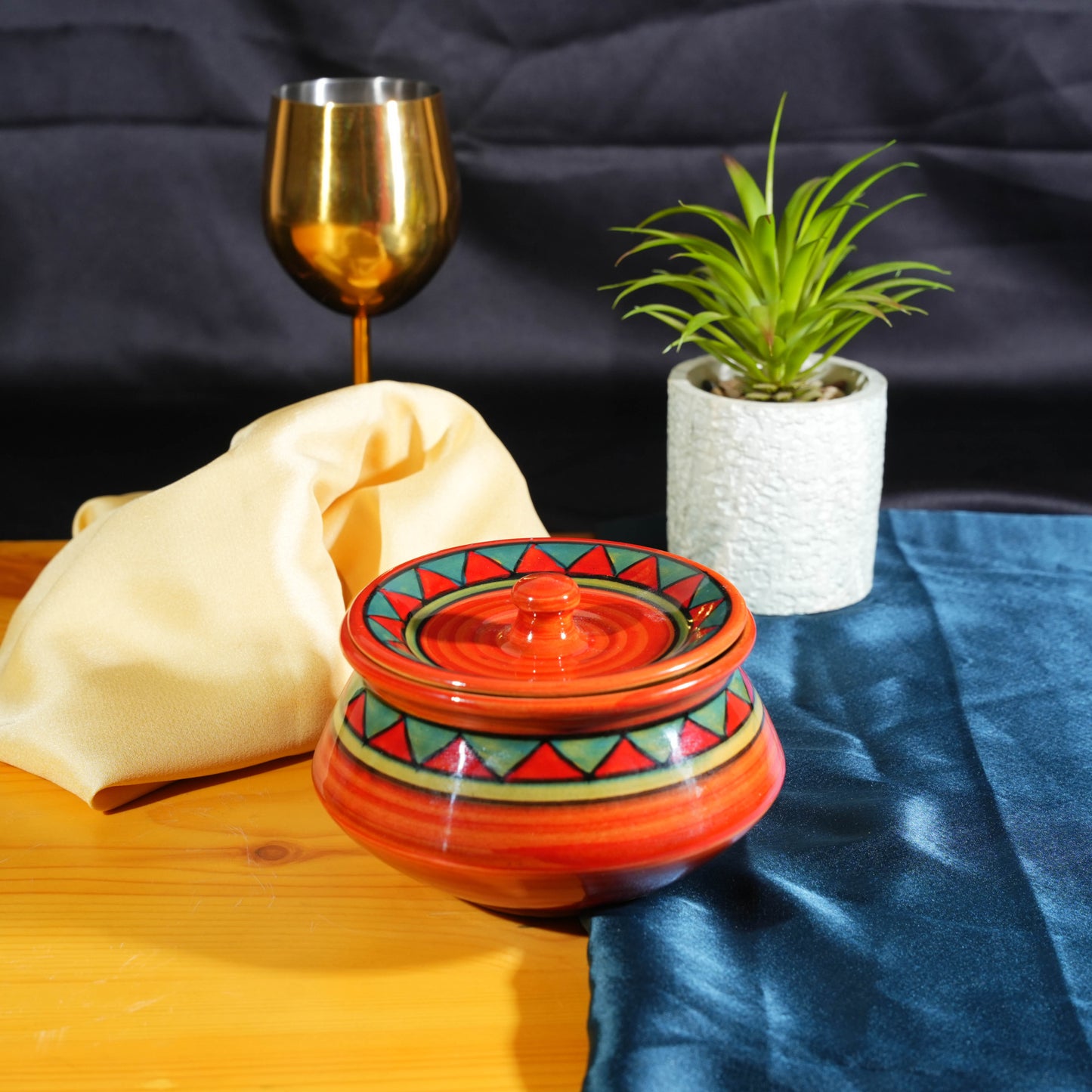 Caffeine Ceramic Rustic Brown Hand Painted  Biryani Handi with Lids Set & Dahi Handi (Set of 4) - Caffeine Premium Stoneware