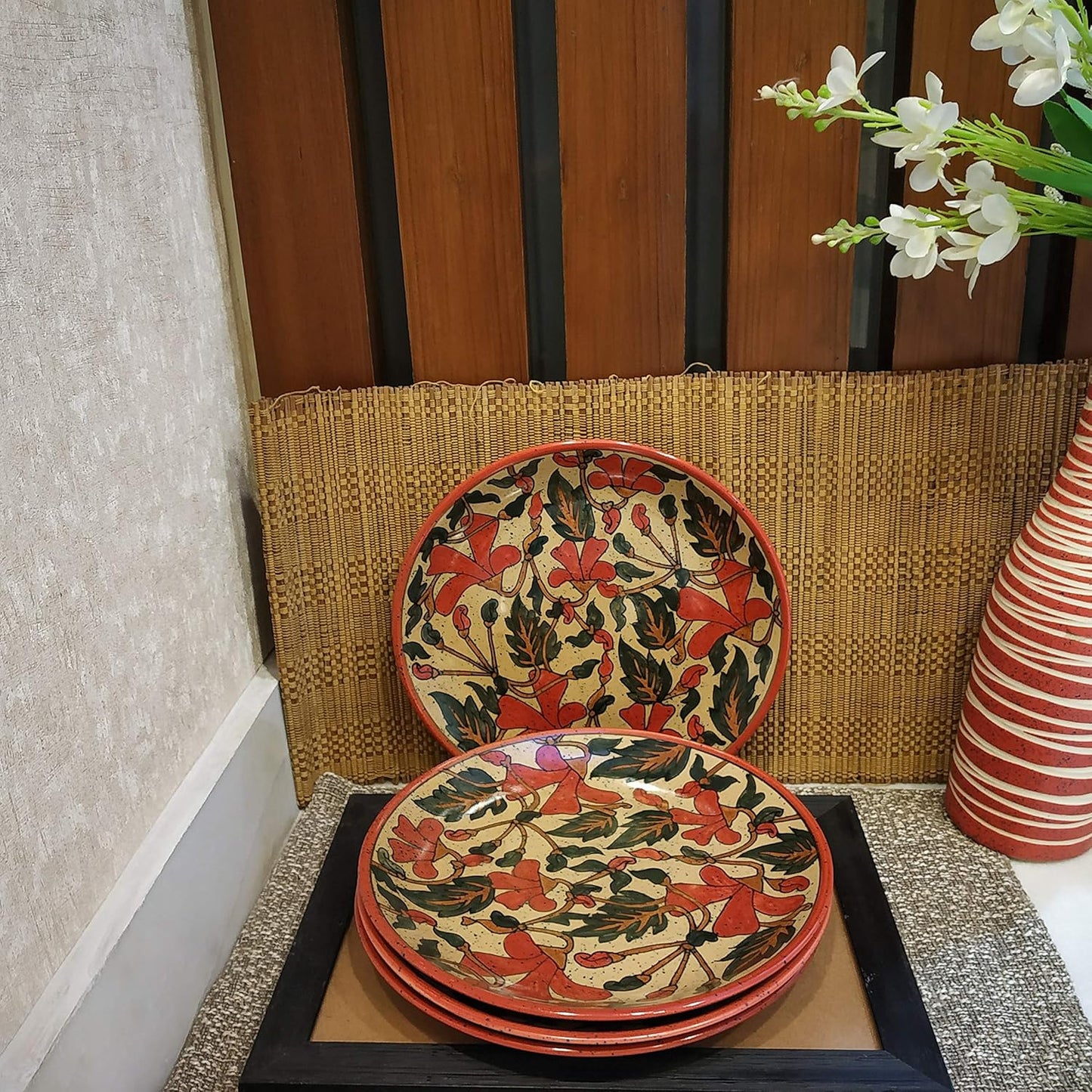 Caffeine Ceramic Handmade Rustic Flora Combo Dinner Set of 12 pcs.4 (Dinner Plate, 4 Quarter Plate, 4 Katori Bowl)