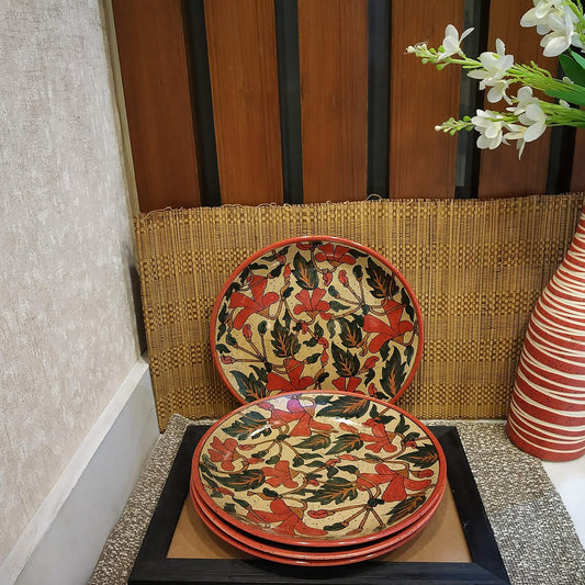 Caffeine Ceramic Handmade Rustic Flora Combo Dinner Set of 12 pcs.4 (Dinner Plate, 4 Quarter Plate, 4 Katori Bowl)