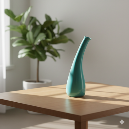 Teal vase on a wooden table with a plant in the background