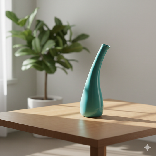 Teal vase on a wooden table with a plant in the background