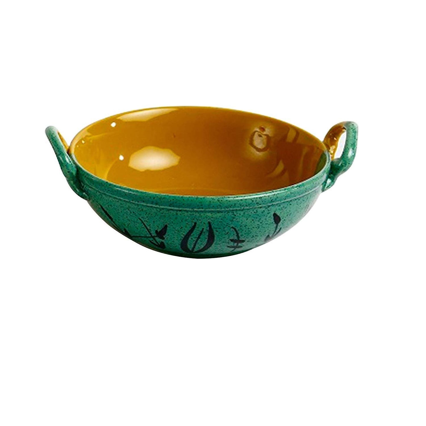 Caffeine Premium Ceramic Stoneware Serving Kadhai – Green & mustard Bamboo Design Microwave Safe & Dishwasher Safe