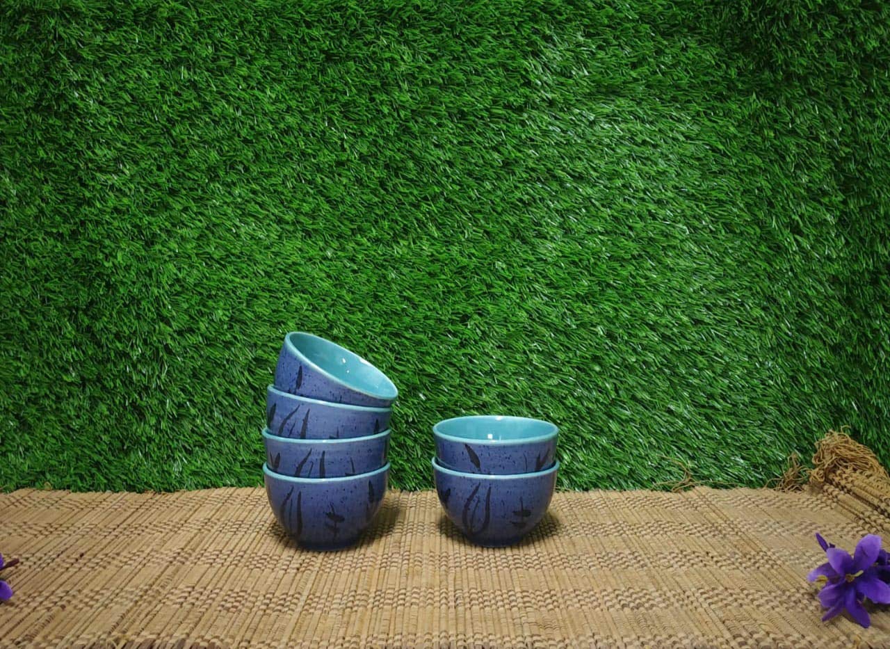 Caffeine Ceramic Handmade Blue Bamboo Dessert Bowl (Set of 6) - Caffeine Premium Stoneware