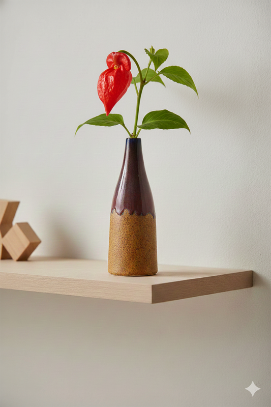 Vase with a red flower on a wooden shelf against a light background