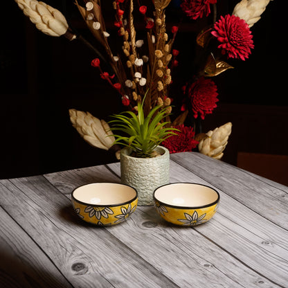 Caffeine Ceramic Handmade Californian Sunflower Printed Katori Bowl (200 ML, Set of 2) - Caffeine Premium Stoneware