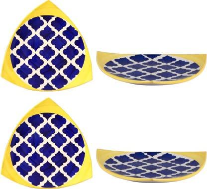 Caffeine Ceramic Handmade Blue Umrao Triangle Plates 10 inch (Set of 4)