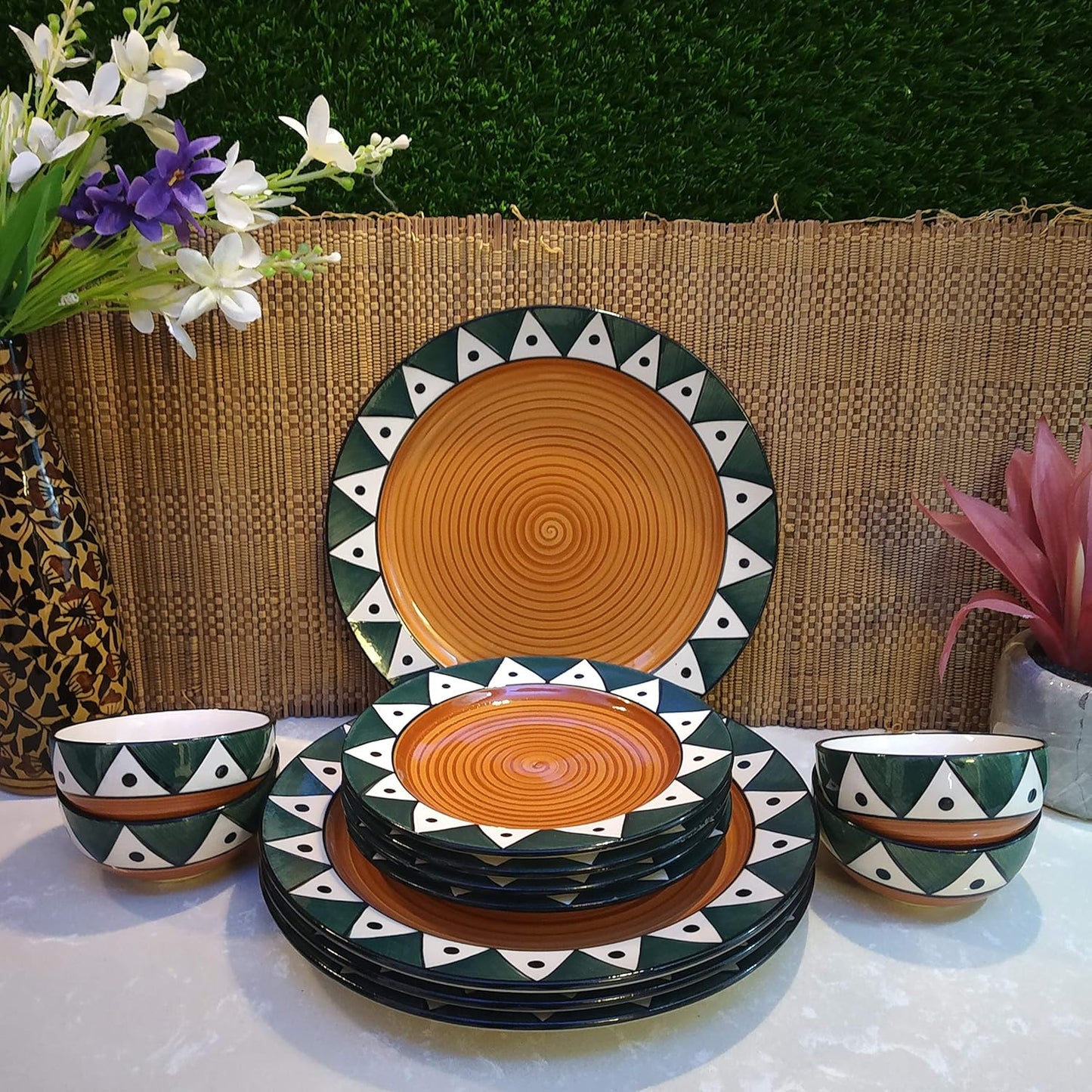Caffeine Ceramic Handmade Green Soorya Combo Dinner Set (12 pcs.)