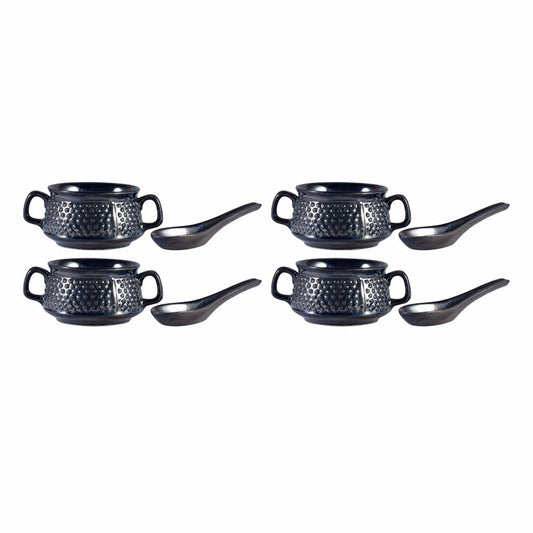 Caffeine Ceramic Handmade Black Bubble Double Handled Soup Bowl with spoon  (Set of 4) - Caffeine Premium Ceramic