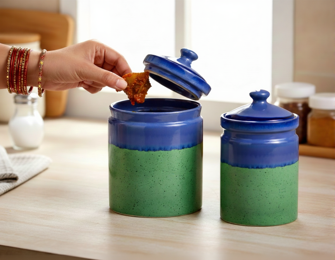 Two blue and green ceramic jars on a wooden surface with a hand reaching in to open one of them.